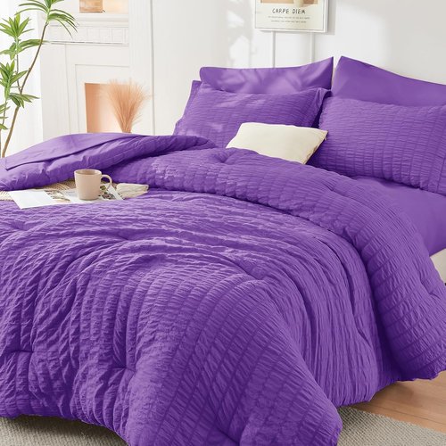 HYMOKEGE Comforter Set - Luxury 7-Piece Bedding Set in Bright Purple | All-Season Seersucker Design
