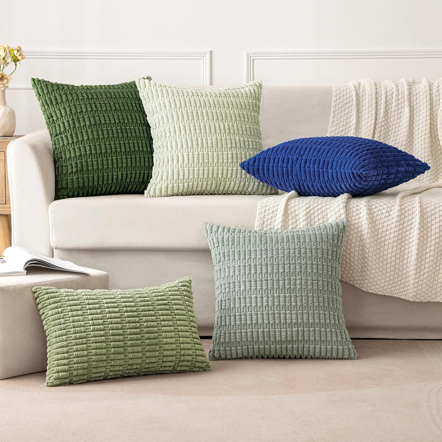 MIULEE Decorative Throw Pillow Covers - Soft Boho Striped Corduroy | 18x18 Inch, Pack of 2, Moss Green
