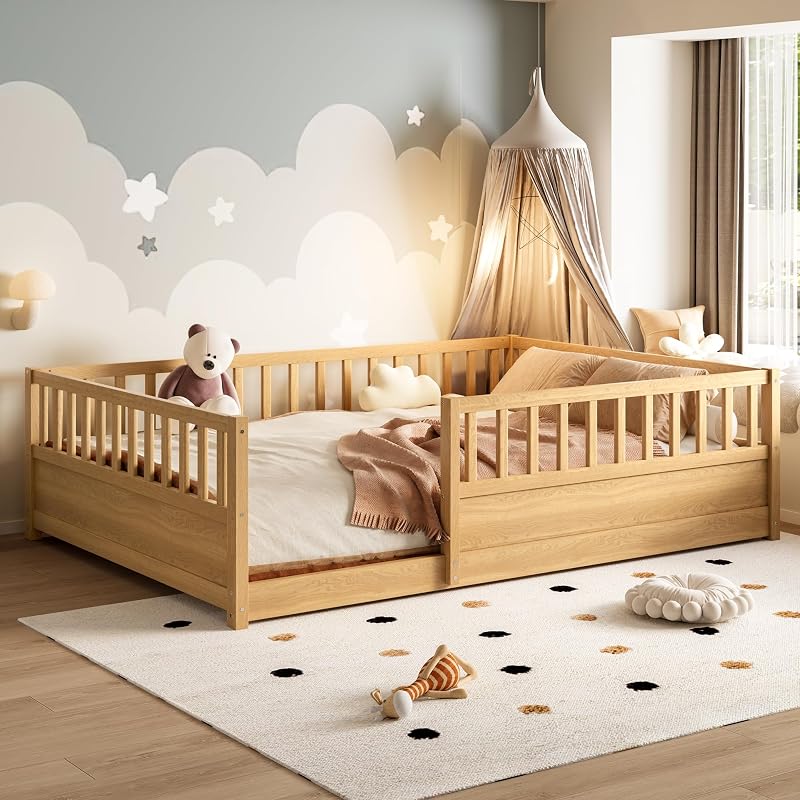 Montessori Floor Bed Full Size with High Guardrails – Natural + Full (Bellemave)