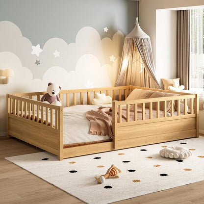 Montessori Floor Bed Full Size with High Guardrails – Natural + Full (Bellemave)
