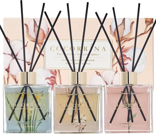 COCORRÍNA Reed Diffuser Set - 3 Pack of 3.04 Fl. Oz Cashmere Vanilla, Sandalwood Rose & Clean Linen for Home Decor