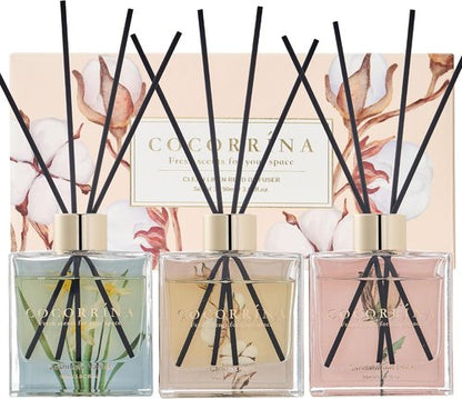 COCORRÍNA Reed Diffuser Set - 3 Pack of 3.04 Fl. Oz Cashmere Vanilla, Sandalwood Rose & Clean Linen for Home Decor