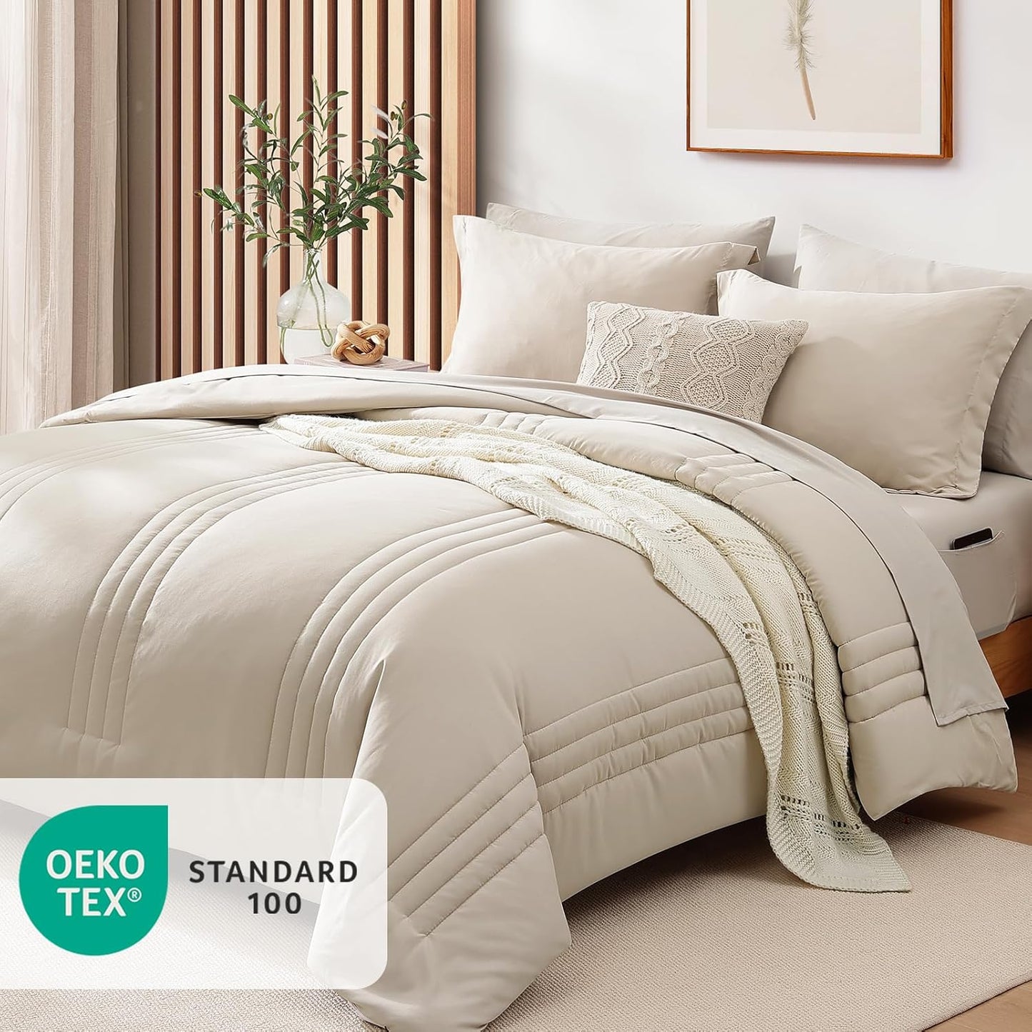 Monbix Queen Comforter Set - 7-Piece Beige Bedding Set | All-Season Comforter, Sheets & Pillowcases