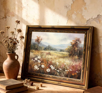 Vintage Gold Framed Wall Art - Retro Floral Landscape Canvas Print for Living Room & Bedroom | 9x11 Inch