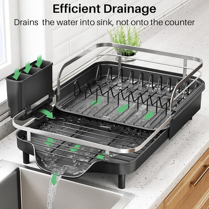 SNTD Dish Drying Rack - Expandable Stainless Steel Dish Drainer with Drainboard & Utensil Holder | Black