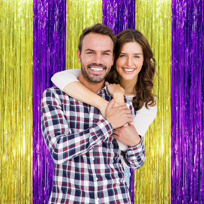 Voircoloria Purple and Gold Foil Fringe Backdrop Curtains - 3 Pack Tinsel Streamers for Parties