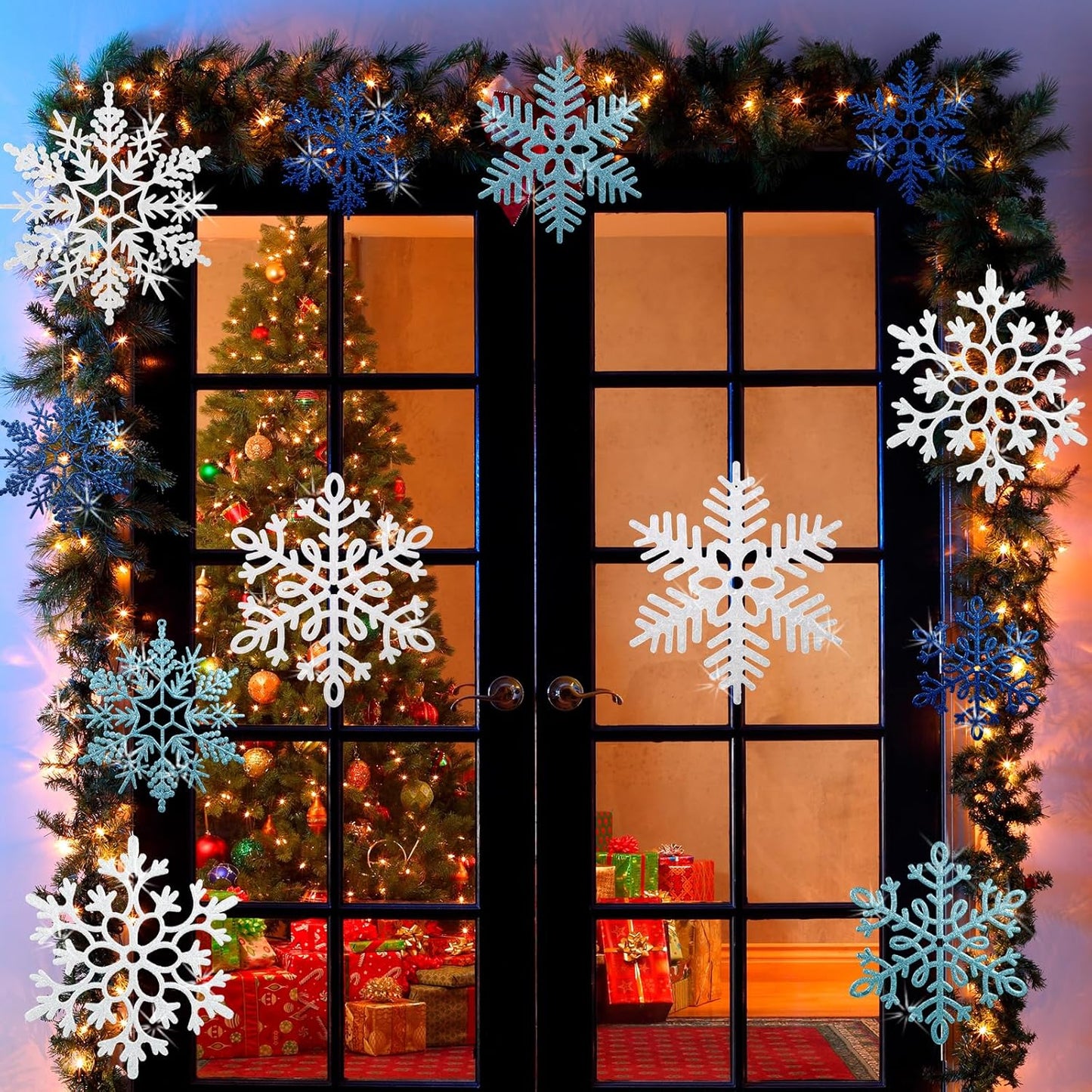 Skiennix 12 PCS Large Snowflake Ornaments - Glittering Winter Decor for Indoor/Outdoor Trees (White/Blue)