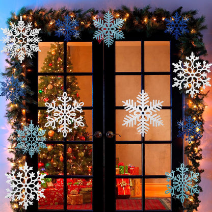 Skiennix 12 PCS Large Snowflake Ornaments - Glittering Winter Decor for Indoor/Outdoor Trees (White/Blue)