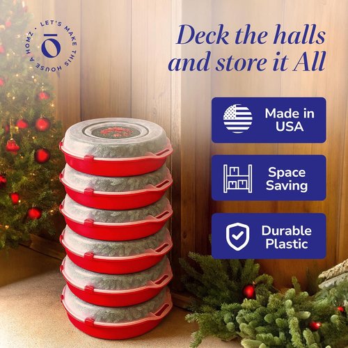 HOMZ 6-Pack Holiday Wreath Storage Organizer - 24 Inch Red & Clear Stackable Containers for Christmas Decor