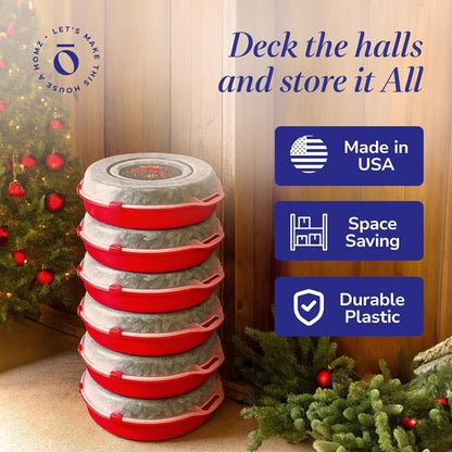 HOMZ 6-Pack Holiday Wreath Storage Organizer - 24 Inch Red & Clear Stackable Containers for Christmas Decor