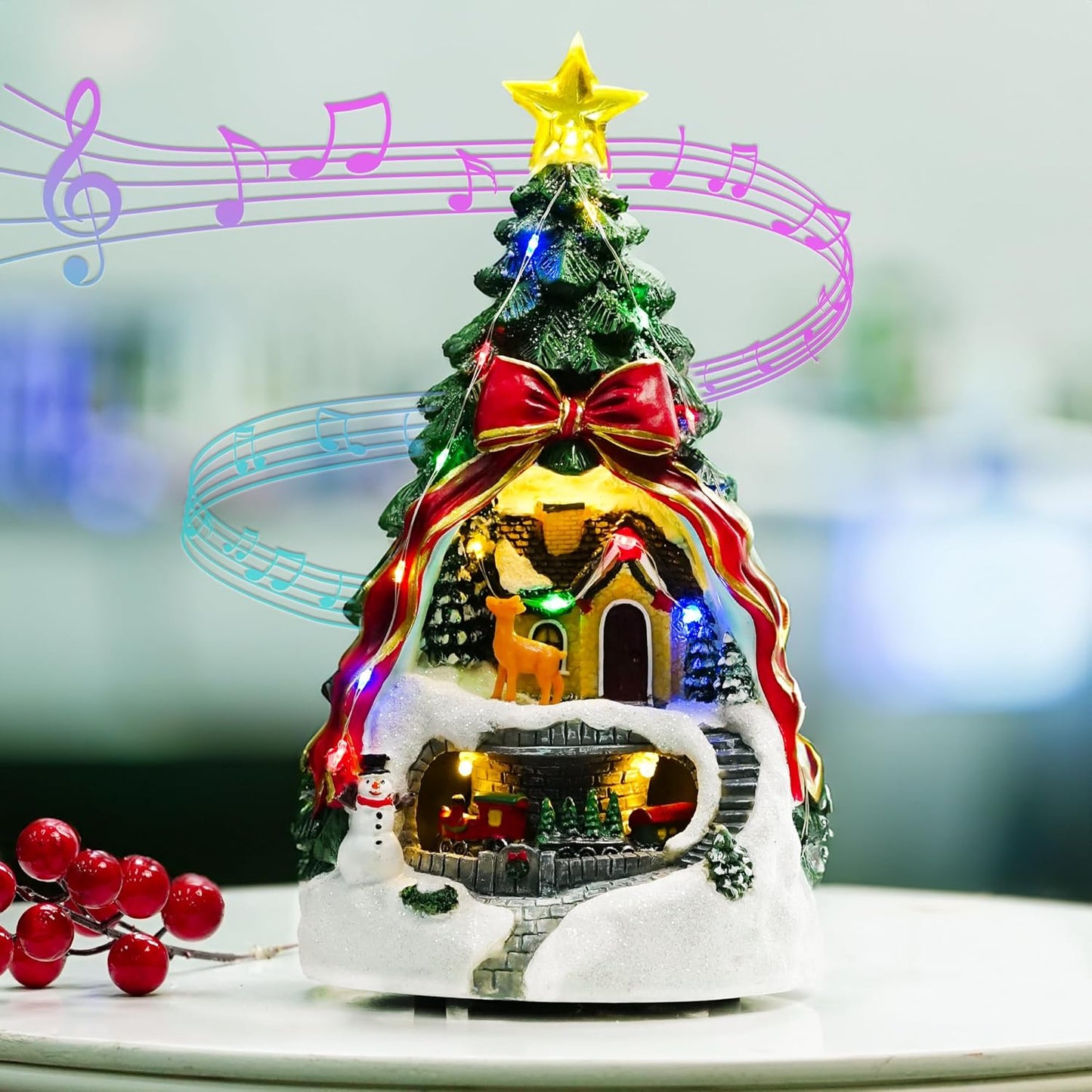 MXwcy Animated Musical Christmas Tree Village - Lighted Figurine with Spinning Santa Train | Plays 8 Holiday Carols, Perfect Tabletop Decor