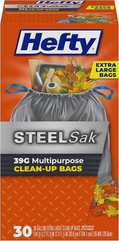 Hefty Steelsak Heavy Duty Trash Bags - Unscented, 39 Gallon, 30 Count, Gray Color