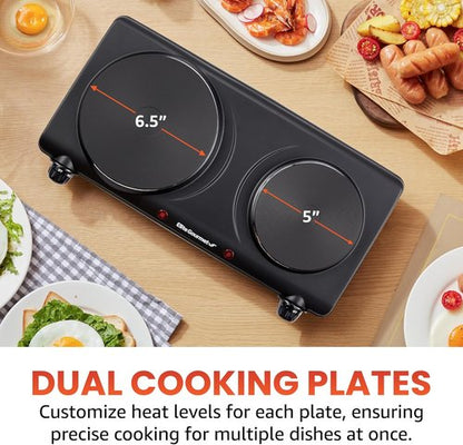 Elite Gourmet Double Cast Iron Burner - 1500 Watts Electric Hot Plate with Temperature Control | Black