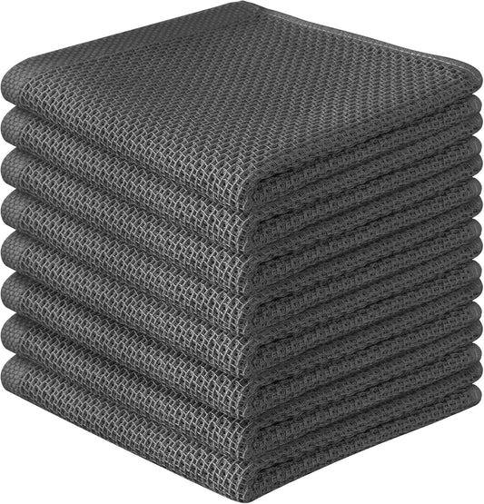 Skiennix 100% Cotton Waffle Weave Kitchen Towels - Ultra Soft & Absorbent 8 Pack | Quick Drying, Dark Grey, 12x12 Inches