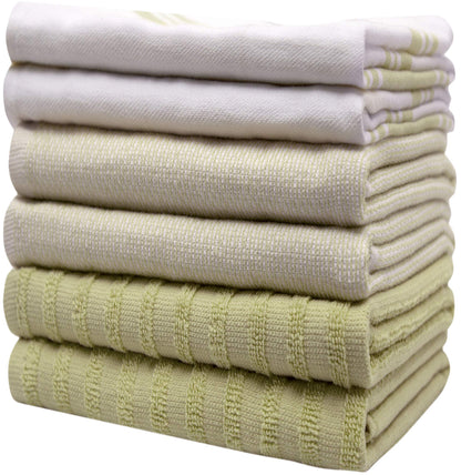 Premium Kitchen Towels (20”x 28”, 6 Pack) | Large Kitchen Hand Towels | Kitchen Towels Cotton | Flat & Terry Towel | Highly Absorbent Tea Towels Set with Hanging Loop | Wide Stripe Sage Green