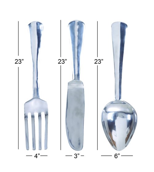 Deco 79 Aluminum Metal Utensils Home Wall Decor Knife, Spoon and Fork Wall Sculpture, Set of 3 Wall Art 4"W, 23"H, Silver