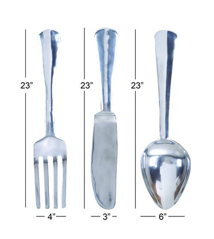 Deco 79 Aluminum Metal Utensils Home Wall Decor Knife, Spoon and Fork Wall Sculpture, Set of 3 Wall Art 4"W, 23"H, Silver