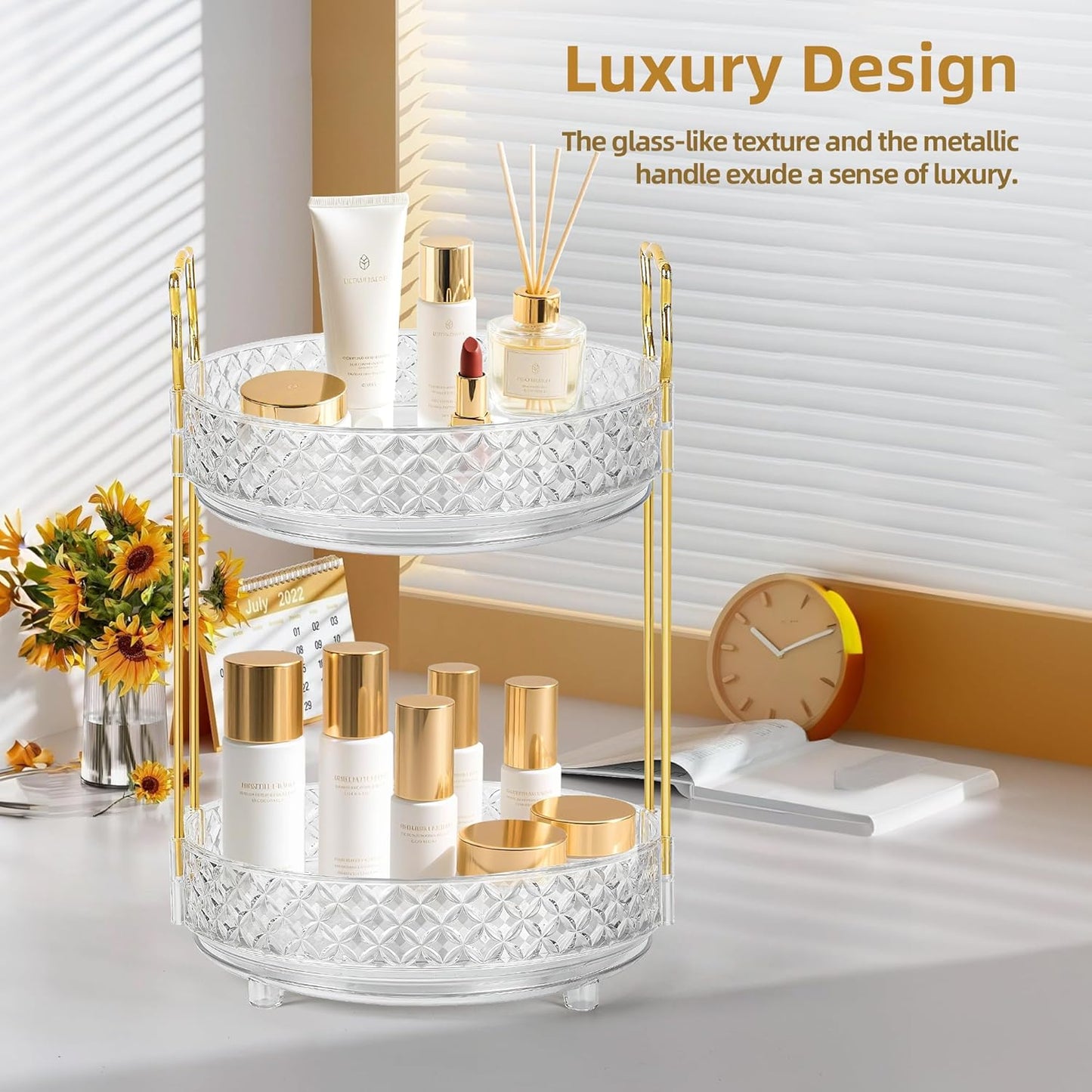 Skiennix 360 Rotating Makeup Organizer - 2-Tier Adjustable Perfume Storage for Vanity & Dresser, Clear