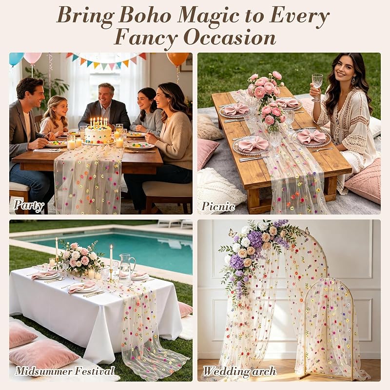 Champagne Floral Embroidered Table Runners 4 Pack 10ft - Boho Daisy Tulle Wedding Décor (Variation: Champagne+Champagne Floral – 4 Pack)