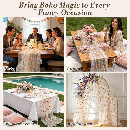 Champagne Floral Embroidered Table Runners 4 Pack 10ft - Boho Daisy Tulle Wedding Décor (Variation: Champagne+Champagne Floral – 4 Pack)