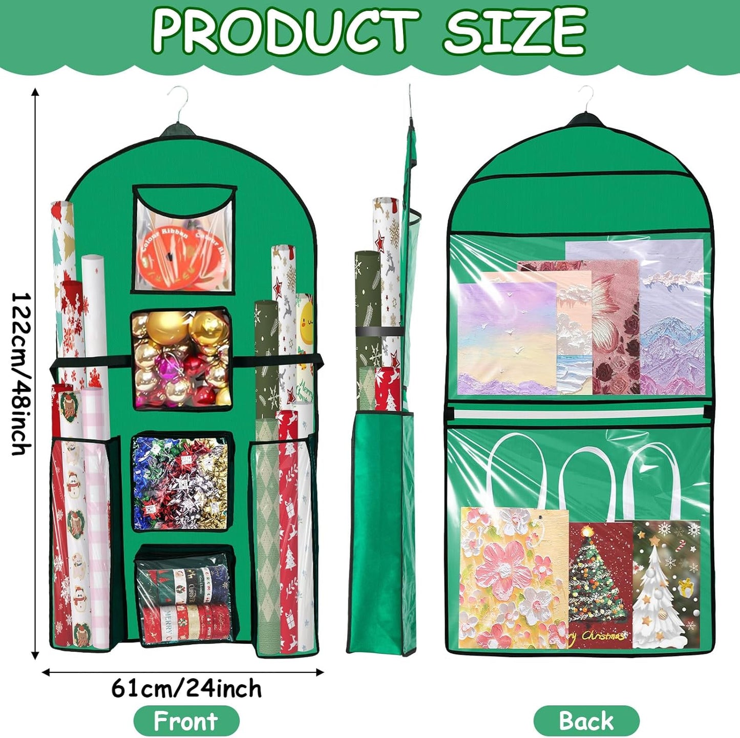 Skiennix Gift Wrapping Paper Organizer - Double-Sided Over The Door Storage | 48x24 Inch, Green