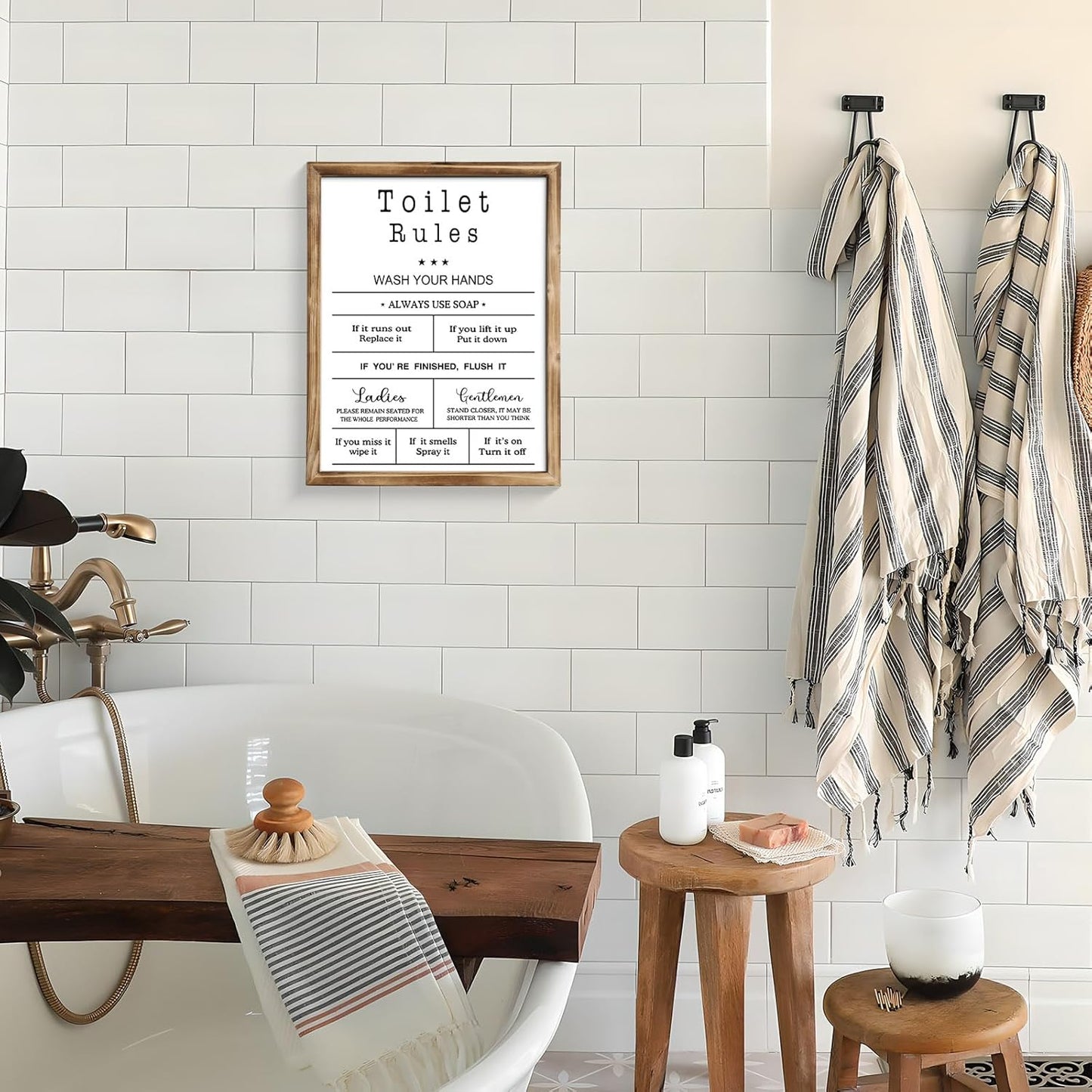 MODE HOME Farmhouse Wall Art - Funny Bathroom Rules Sign with Torched Brown Frame | 14x11 Inch Shabby Chic Decor