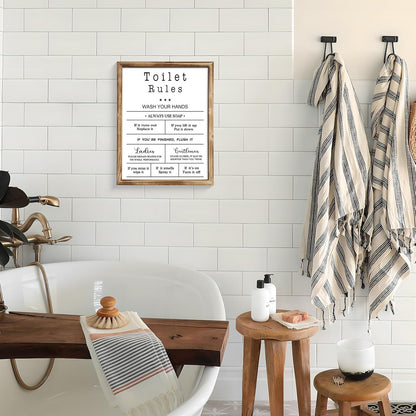 MODE HOME Farmhouse Wall Art - Funny Bathroom Rules Sign with Torched Brown Frame | 14x11 Inch Shabby Chic Decor