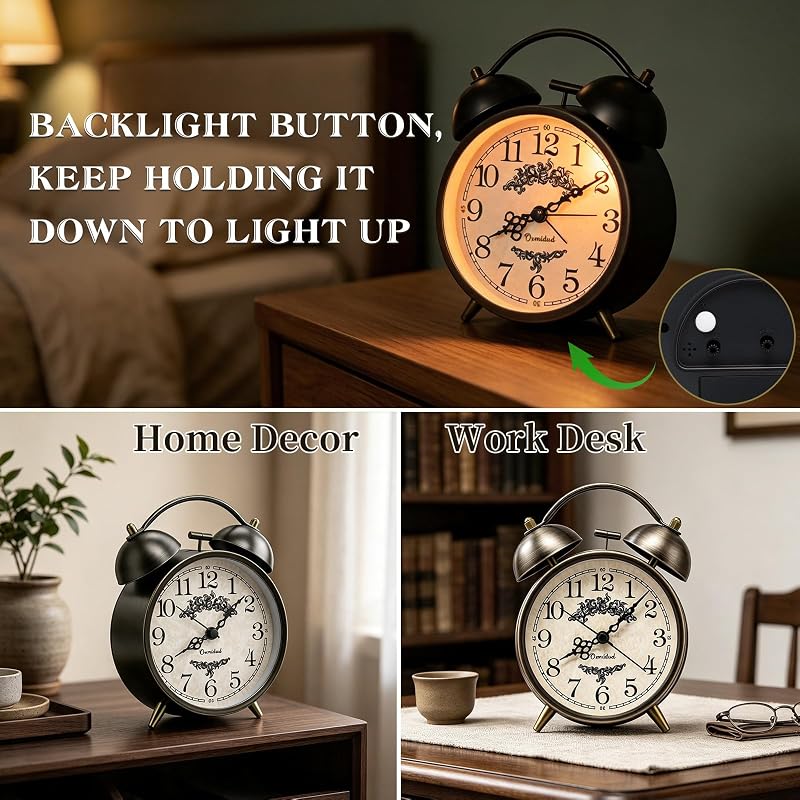 4.5-Inch Loud Analog Alarm Clock for Heavy Sleepers - Battery Operated, Bronze-C
