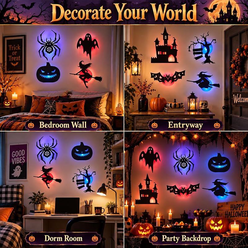 Halloween LED Wall Decor Lights 3D Bat Silhouettes – 24 Pcs Halloween Silhouette Set