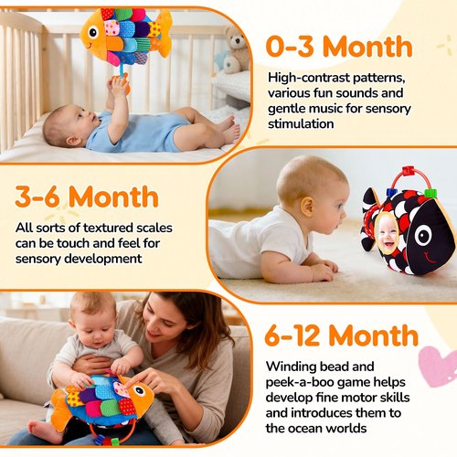 Baby Sensory Tummy Time Toys 0-6 Months Music Fish Toy for Infant 3 4 5 6 Month Old Black and White High Contrast Newborn Toys with Mirror Crinkle Rattle for 3-6 6-12 Months Baby Boy Girl Shower Gifts