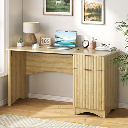Bestier 47-Inch Fluted Computer Desk - Modern Wood Office Desk with Drawer & Storage Cabinet in Natural Oak