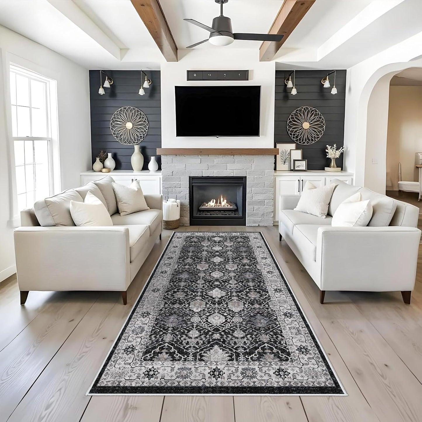 Regine Switzerland Washable 4x8 Hallway Runner Rug - Vintage Soft Low Pile Carpet with Non-Slip Backing | Black