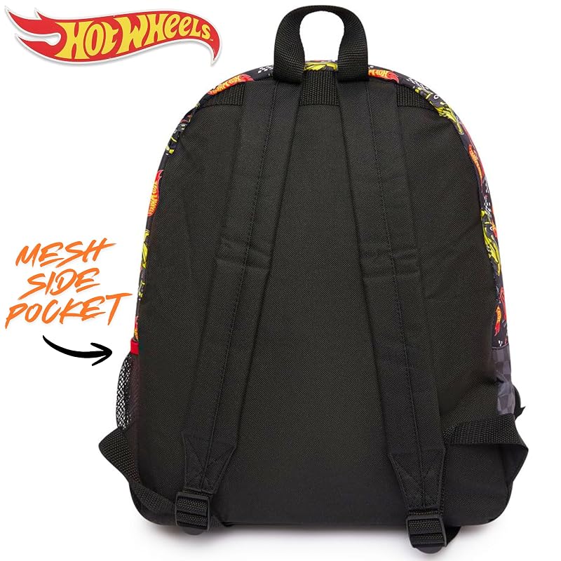 Hot Wheels Kids Backpack - Black, Large Car Theme with Drinks Holder