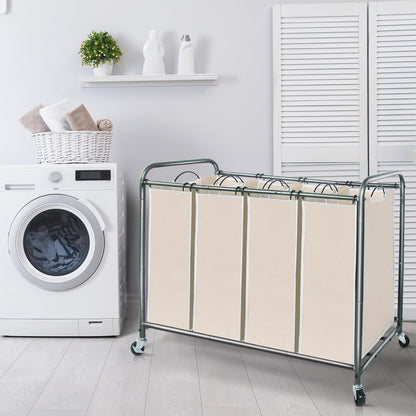 Storage Maniac Laundry Sorter - 4-Section 47.8 Gal Hamper Cart with Wheels & Removable Bags | Beige