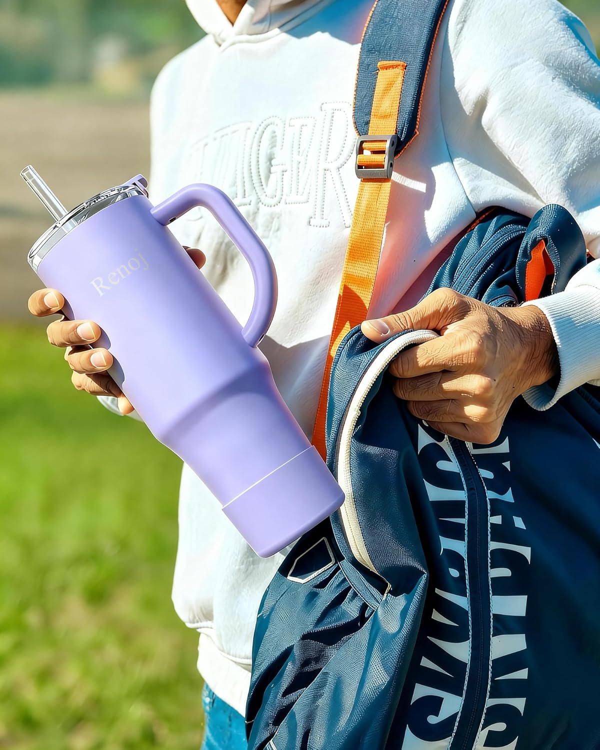 Renoj Insulated Mug | 100% Leak Proof Water Bottle for Iced Coffee & Hot Drinks - 40 oz Navy Blue with 2 Straws & Silicone Boot