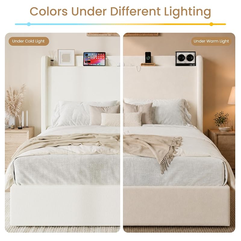 Queen Bed Frame with Chenille Storage Headboard and USB Ports - White (Variation: White+Queen)
