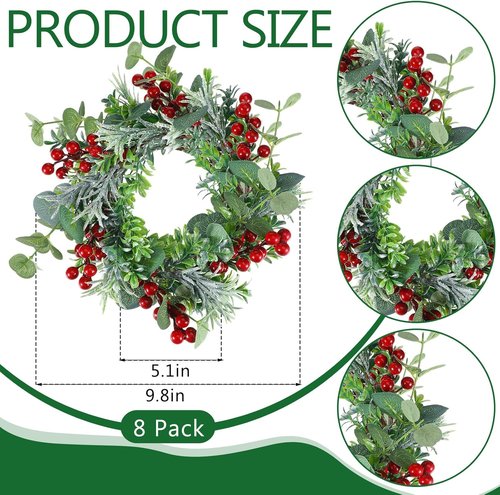 Daifunli Mini Wreaths - 8 Pcs 10-Inch Christmas Candle Rings with Red Berries & Eucalyptus Decor