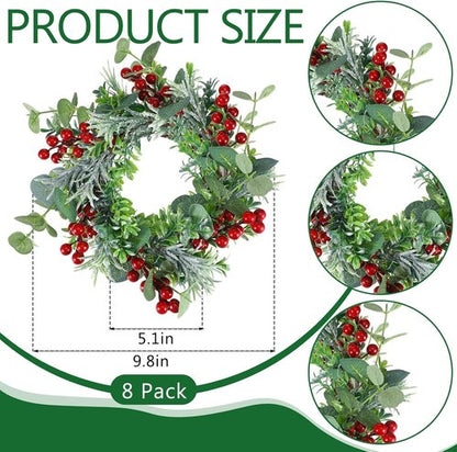 Daifunli Mini Wreaths - 8 Pcs 10-Inch Christmas Candle Rings with Red Berries & Eucalyptus Decor
