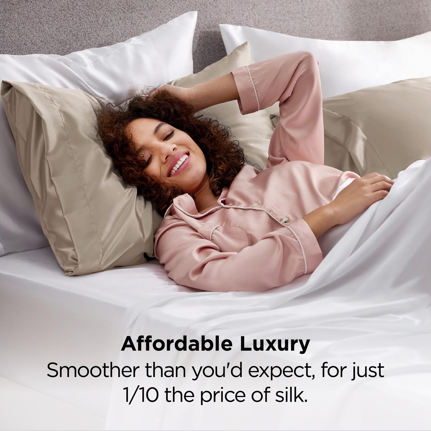 Bedsure Satin Pillowcase 2 Pack Similar to Silk Pillow Cases Standard Size, Pillow Case for Sleeping Women with Envelope Closure, Gifts for Women Men, Khaki, 20x26 Inches, 2pcs