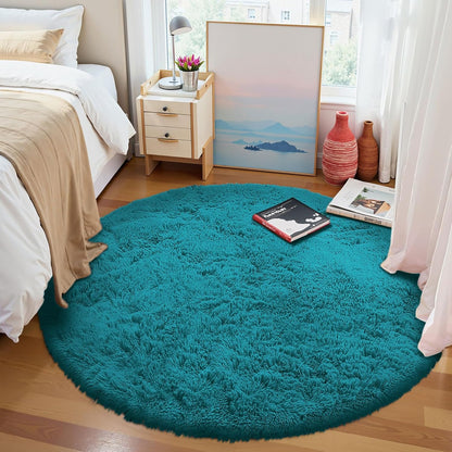OLANLY Teal Round Area Rug - Soft, Fluffy, Machine Washable 4 ft Circle Carpet for Bedroom & Living Room