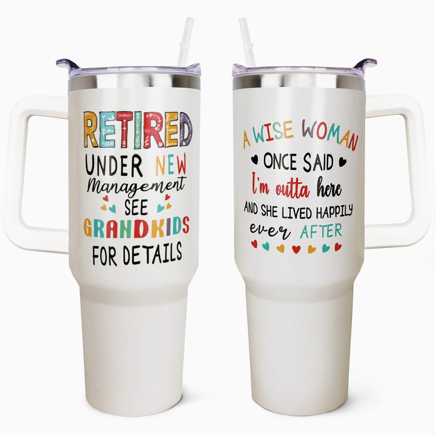 Retired Tumbler Retirement Gifts for Women Grandma - Retired Under New Management See Grandkids For Details Tumbler, 40 oz Tumbler with Handle and Straw, Reusable Stainless Steel Retirement Mug