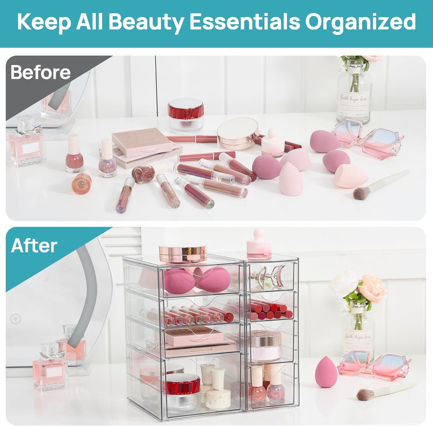 Vtopmart Acrylic Organizer - 8 Drawer Clear Makeup Storage | Dustproof Desk Organizer for Office & Crafts
