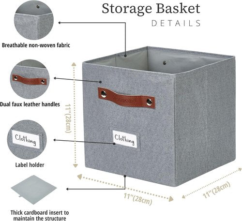 DECOMOMO Storage Bins - Fabric Cube Storage Bins with Labels for Shelves | 11" | 6pcs, Texture Grey