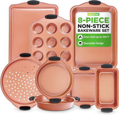 NutriChef 8-Piece Nonstick Baking Pans Set - Durable Carbon Steel Bakeware with Heat-Safe Silicone Handles - Rose Gold