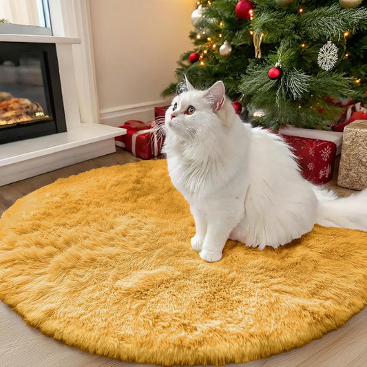 OLANLY Mustard Yellow Round Rug - Soft, Fluffy Shaggy Carpet for Bedroom | 3 ft Circle Area Rug
