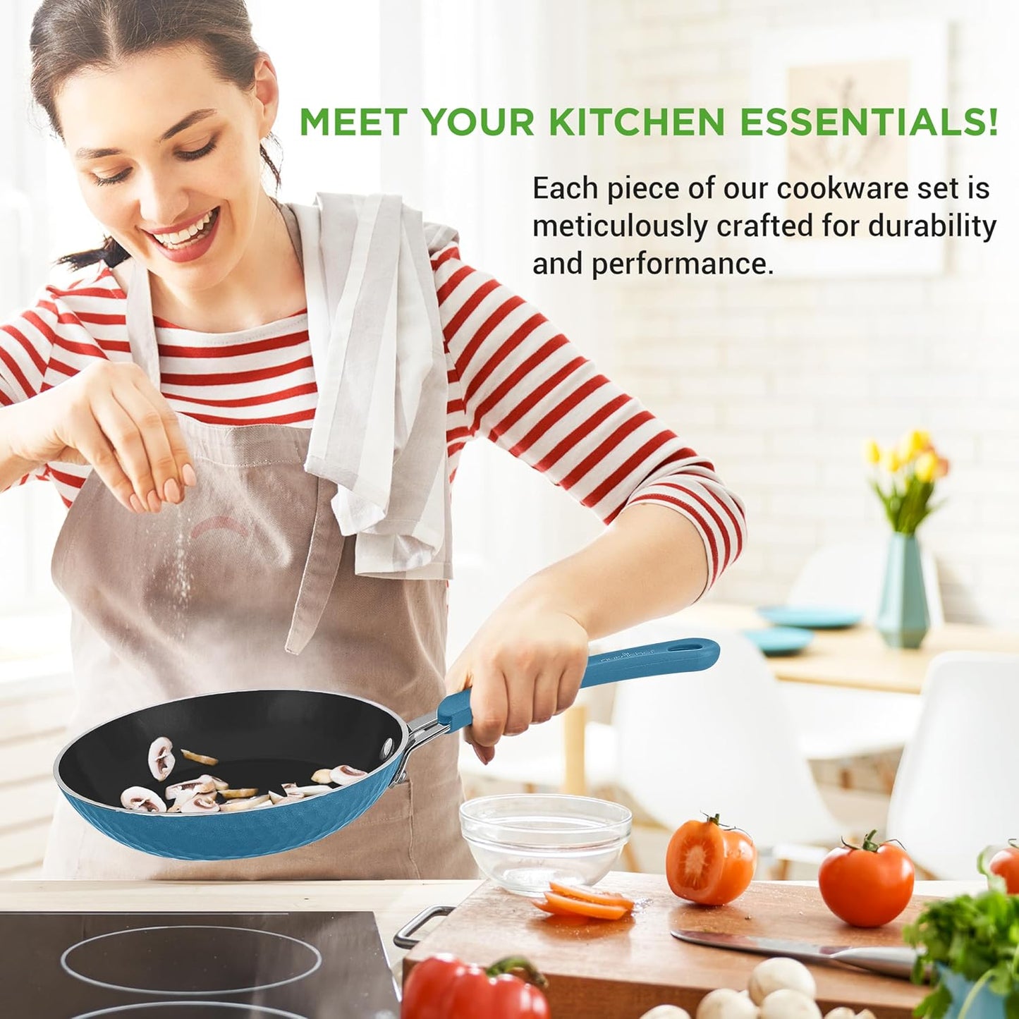NutriChef 11-Piece Non-Stick Cookware Set - Ceramic Coating, Ergonomic Handles, Induction Ready | Royal Blue