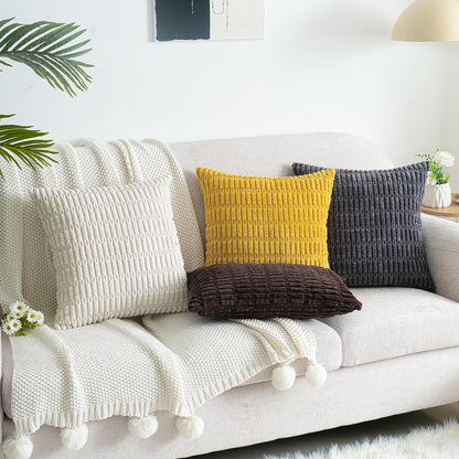 Skiennix Corduroy Throw Pillow Covers - Soft Boho Striped Design | 18x18 Inch Cream White Set of 2