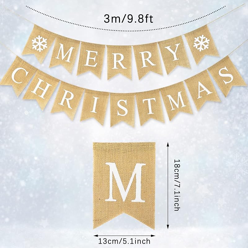 Merry Christmas Burlap Banner Set - 16 Pcs Pre-Assembled Snowflake Garlands