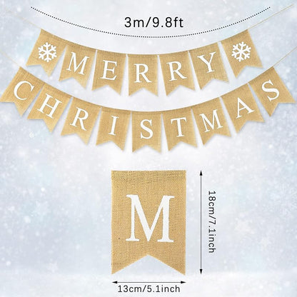 Merry Christmas Burlap Banner Set - 16 Pcs Pre-Assembled Snowflake Garlands
