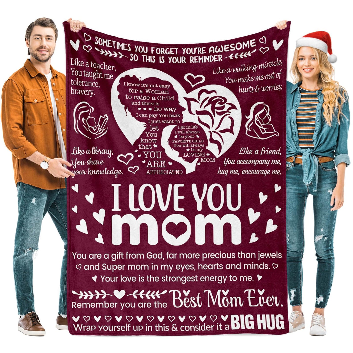 Mom Blankets for Mother from Daughter & Son,I Love You,Mom Blanket, Warm Soft Blankets for Dear Mom, Gifts for Mom Birthday50 x 70" (Burgundy)